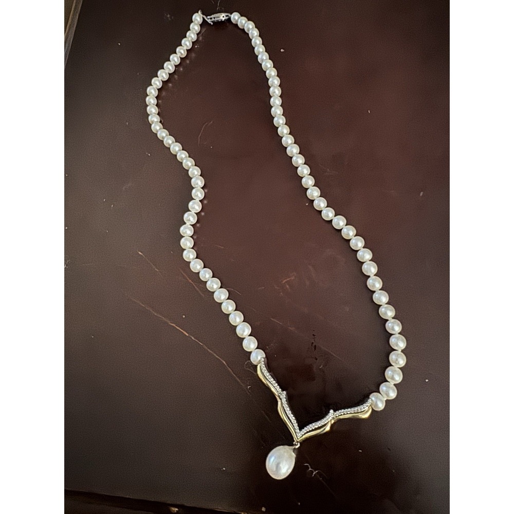 14k Two Tone Gold Plated Pearl V Drop Necklace